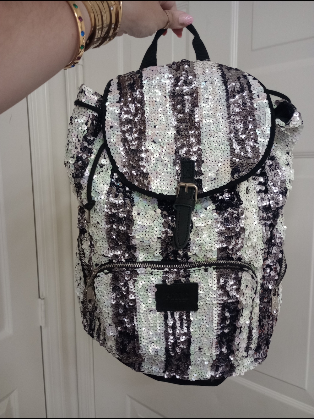 Y2K Victoria Secret Sequined Striped Backpack  Iridescent White & Black